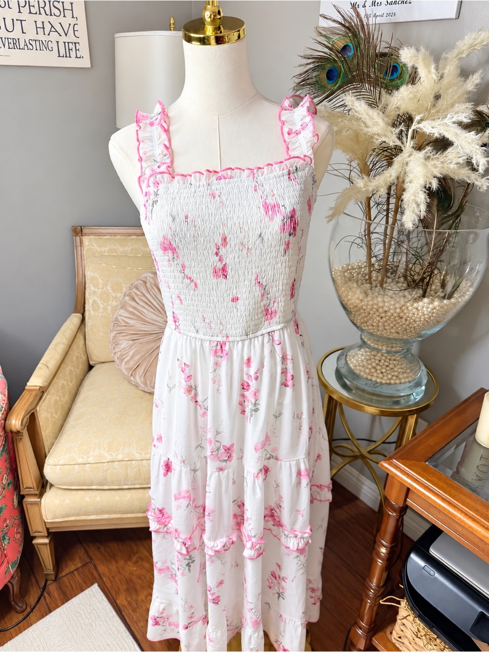 NWT Scarlet Darkness Floral Smocked Maxi Dress Pink White Ruffle Medium
